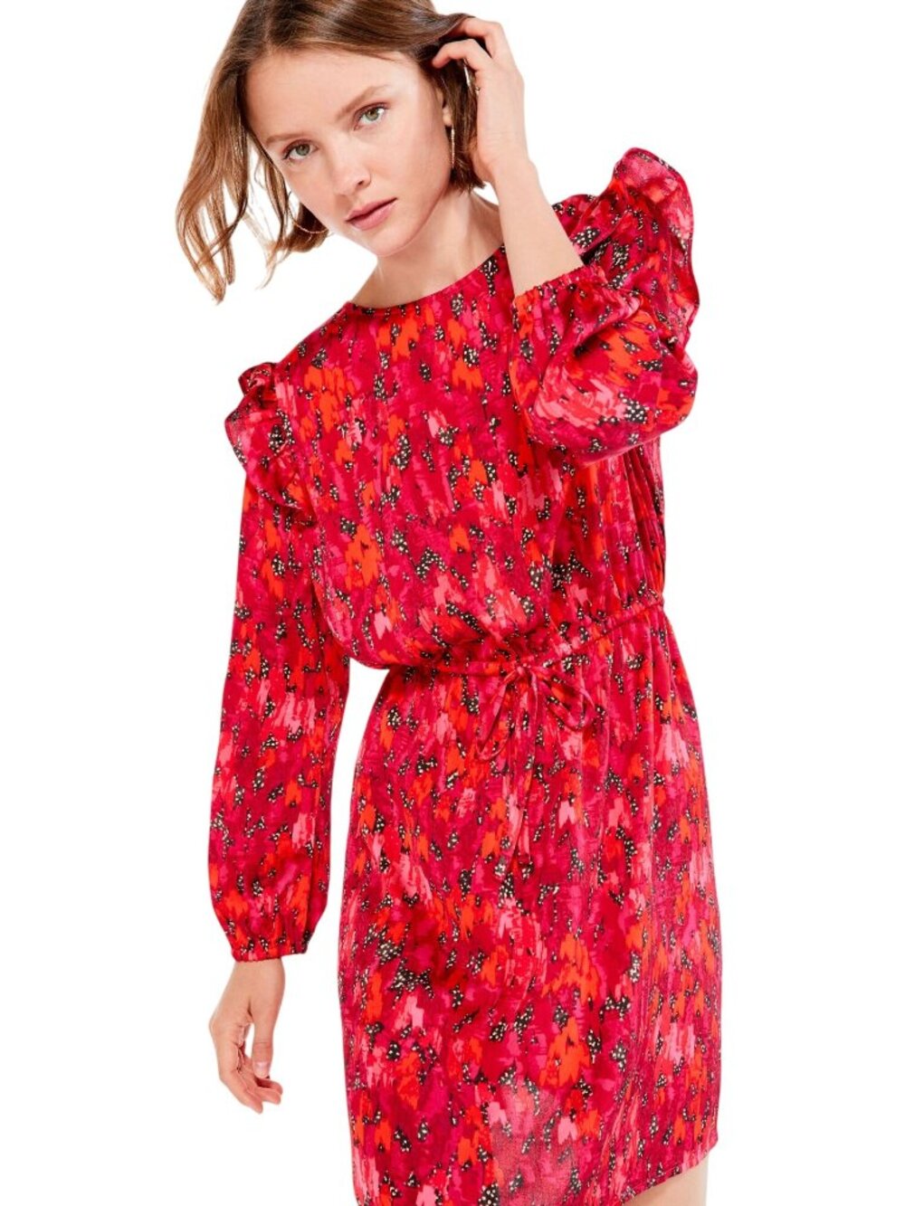 NIC+ZOE Mix And Mingle Dress Red Multi Ruffle Long Sleeve Womens Large